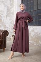 Tesettür giyim MÜRDÜM MANŞETLERİ LASTİKLİ BELİ KUŞAKLI PANTOLONLU TAKIM 9210