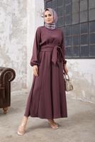 Tesettür giyim MÜRDÜM MANŞETLERİ LASTİKLİ BELİ KUŞAKLI PANTOLONLU TAKIM 9210