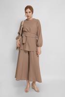 Tesettür giyim VİZON MANŞETLERİ LASTİKLİ BELİ KUŞAKLI PANTOLONLU TAKIM 9210