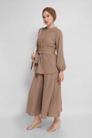 Tesettür giyim VİZON MANŞETLERİ LASTİKLİ BELİ KUŞAKLI PANTOLONLU TAKIM 9210