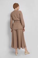 Tesettür giyim VİZON MANŞETLERİ LASTİKLİ BELİ KUŞAKLI PANTOLONLU TAKIM 9210