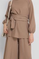 Tesettür giyim VİZON MANŞETLERİ LASTİKLİ BELİ KUŞAKLI PANTOLONLU TAKIM 9210