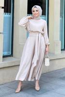 Tesettür giyim PUDRA MANŞETLERİ LASTİKLİ BELİ KUŞAKLI PANTOLONLU TAKIM 9210