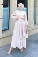 Tesettür giyim PUDRA MANŞETLERİ LASTİKLİ BELİ KUŞAKLI PANTOLONLU TAKIM 9210