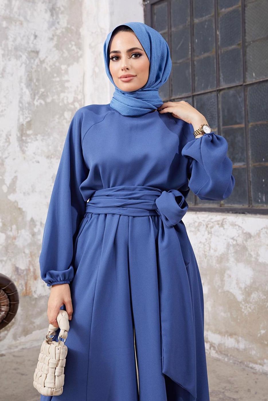 Tesettür giyim LACİVERT MANŞETLERİ LASTİKLİ BELİ KUŞAKLI PANTOLONLU TAKIM 9210