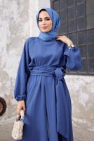 Tesettür giyim LACİVERT MANŞETLERİ LASTİKLİ BELİ KUŞAKLI PANTOLONLU TAKIM 9210