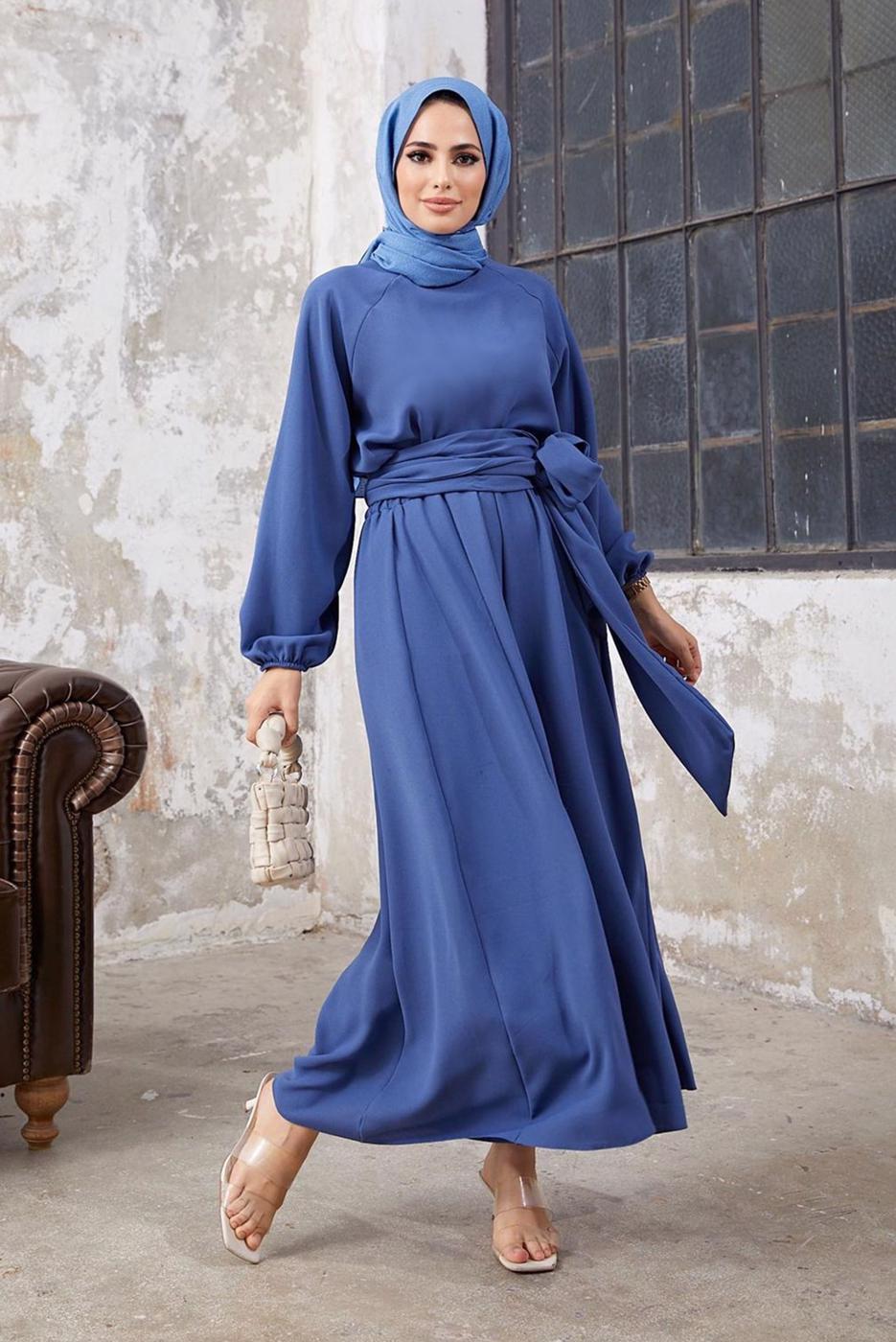 Tesettür giyim LACİVERT MANŞETLERİ LASTİKLİ BELİ KUŞAKLI PANTOLONLU TAKIM 9210