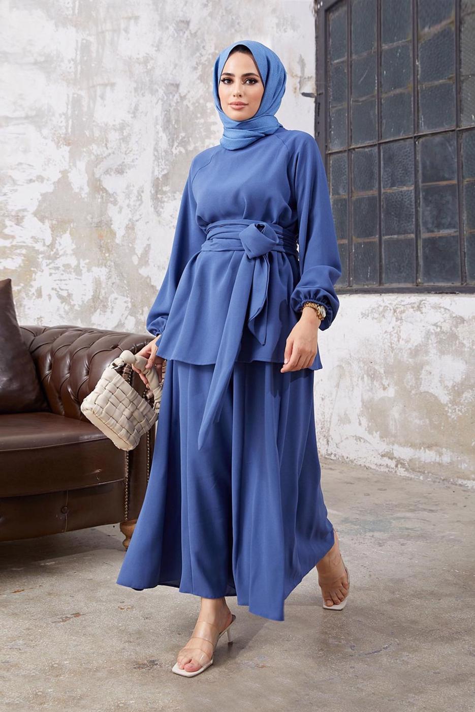 Tesettür giyim LACİVERT MANŞETLERİ LASTİKLİ BELİ KUŞAKLI PANTOLONLU TAKIM 9210