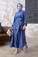 Tesettür giyim LACİVERT MANŞETLERİ LASTİKLİ BELİ KUŞAKLI PANTOLONLU TAKIM 9210