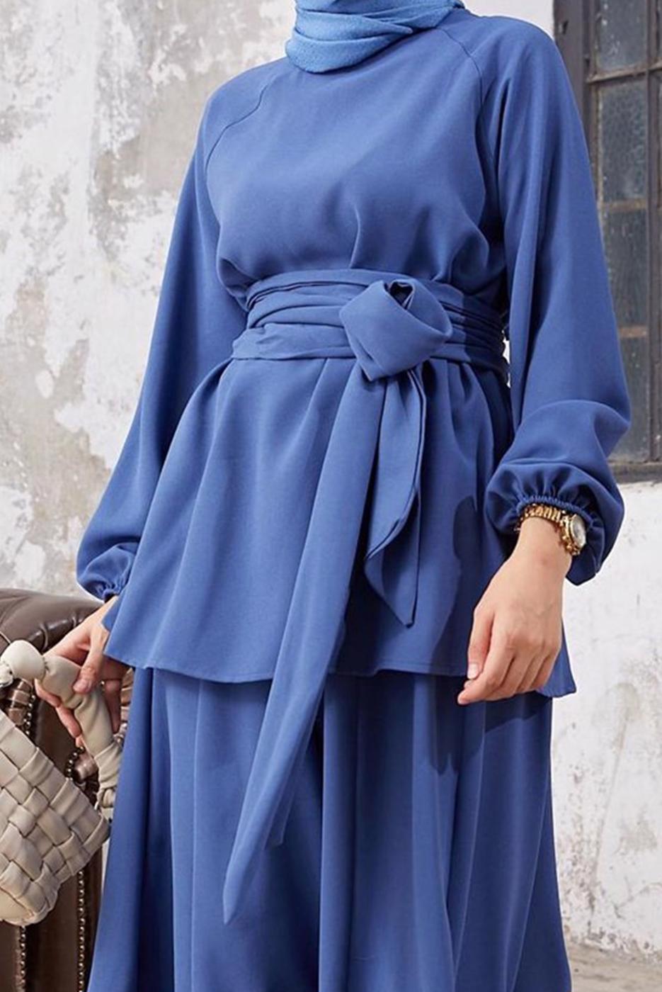 Tesettür giyim LACİVERT MANŞETLERİ LASTİKLİ BELİ KUŞAKLI PANTOLONLU TAKIM 9210