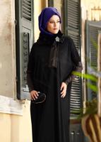 Tesettür giyim SİYAH ALVİNA DERİ DETAYLI KÜRKLÜ ELBİSE 4389 