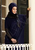 Tesettür giyim LACİVERT ALVİNA DERİ DETAYLI KÜRKLÜ ELBİSE 4389 