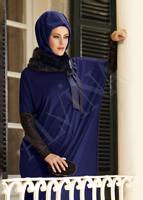 Tesettür giyim LACİVERT ALVİNA DERİ DETAYLI KÜRKLÜ ELBİSE 4389 