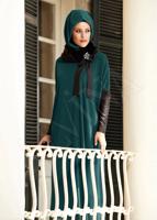 Tesettür giyim YEŞİL ALVİNA DERİ DETAYLI KÜRKLÜ ELBİSE 4389 