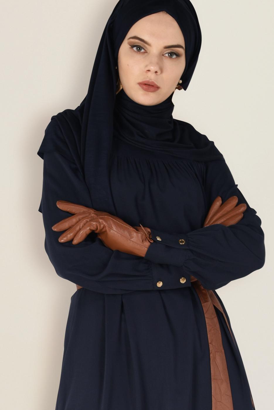 Tesettür giyim LACİVERT ALVİNA DERİ KUŞAKLI ELBİSE 4406 