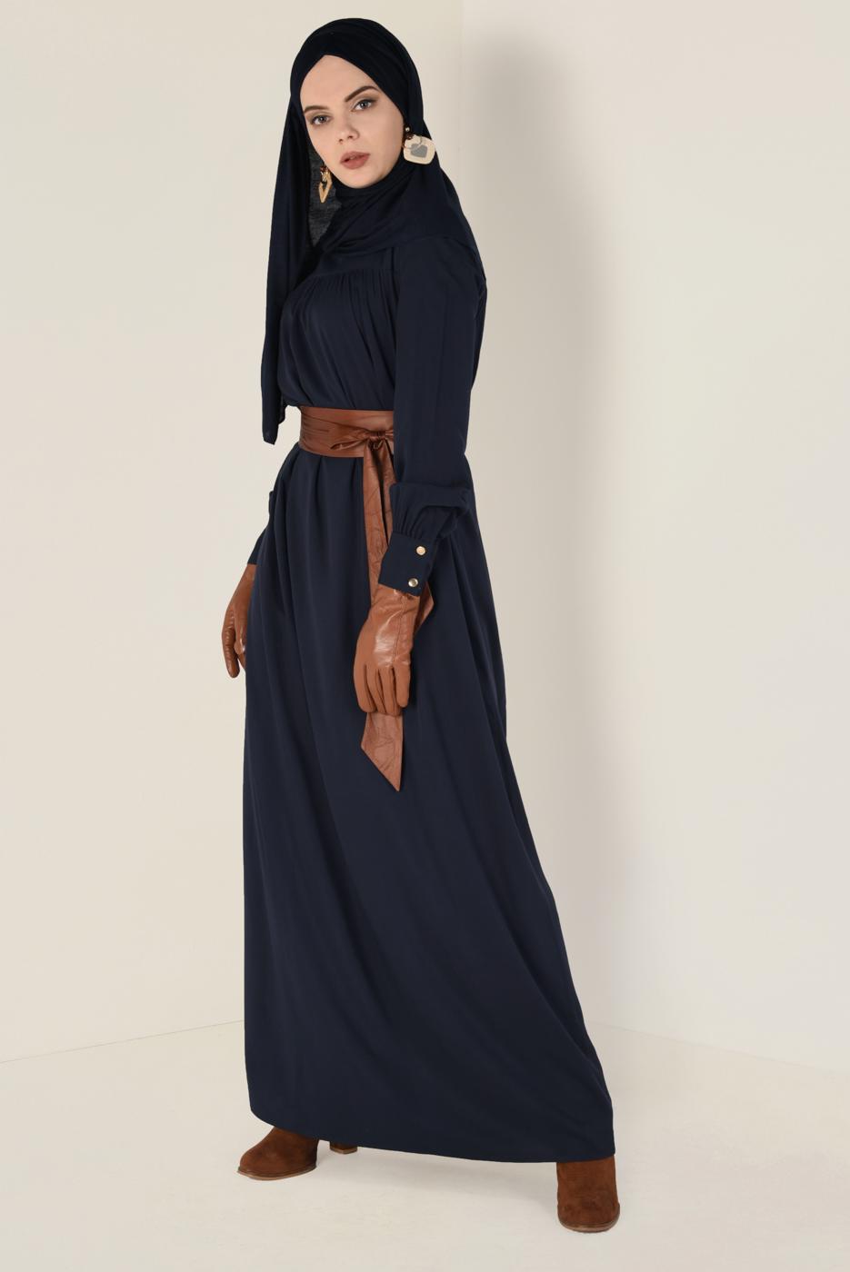 Tesettür giyim LACİVERT ALVİNA DERİ KUŞAKLI ELBİSE 4406 