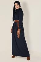 Tesettür giyim LACİVERT ALVİNA DERİ KUŞAKLI ELBİSE 4406 