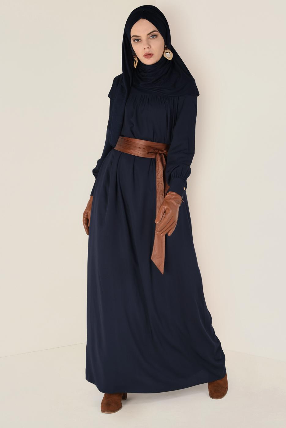 Tesettür giyim LACİVERT ALVİNA DERİ KUŞAKLI ELBİSE 4406 