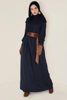 Tesettür giyim LACİVERT ALVİNA DERİ KUŞAKLI ELBİSE 4406 