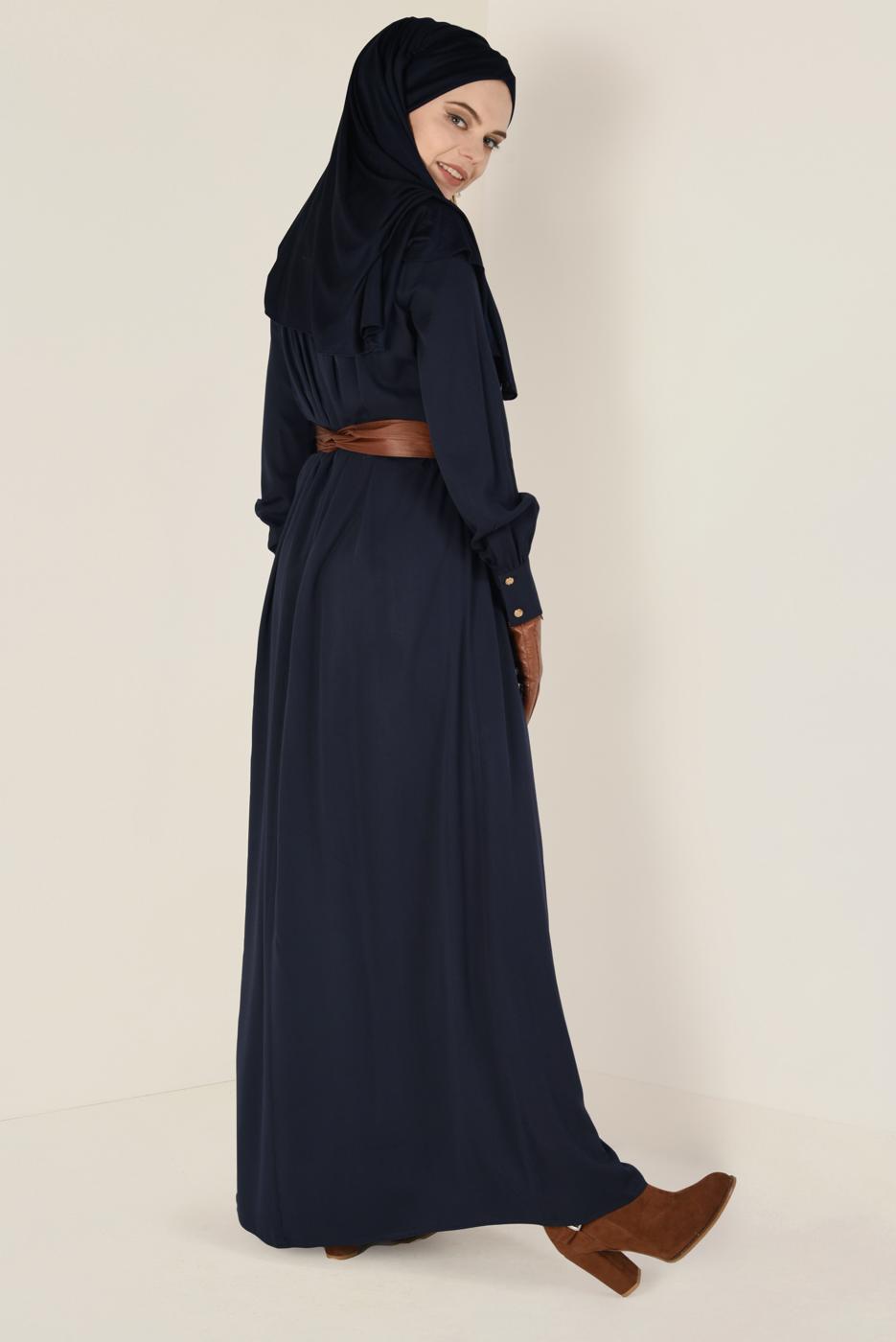 Tesettür giyim LACİVERT ALVİNA DERİ KUŞAKLI ELBİSE 4406 