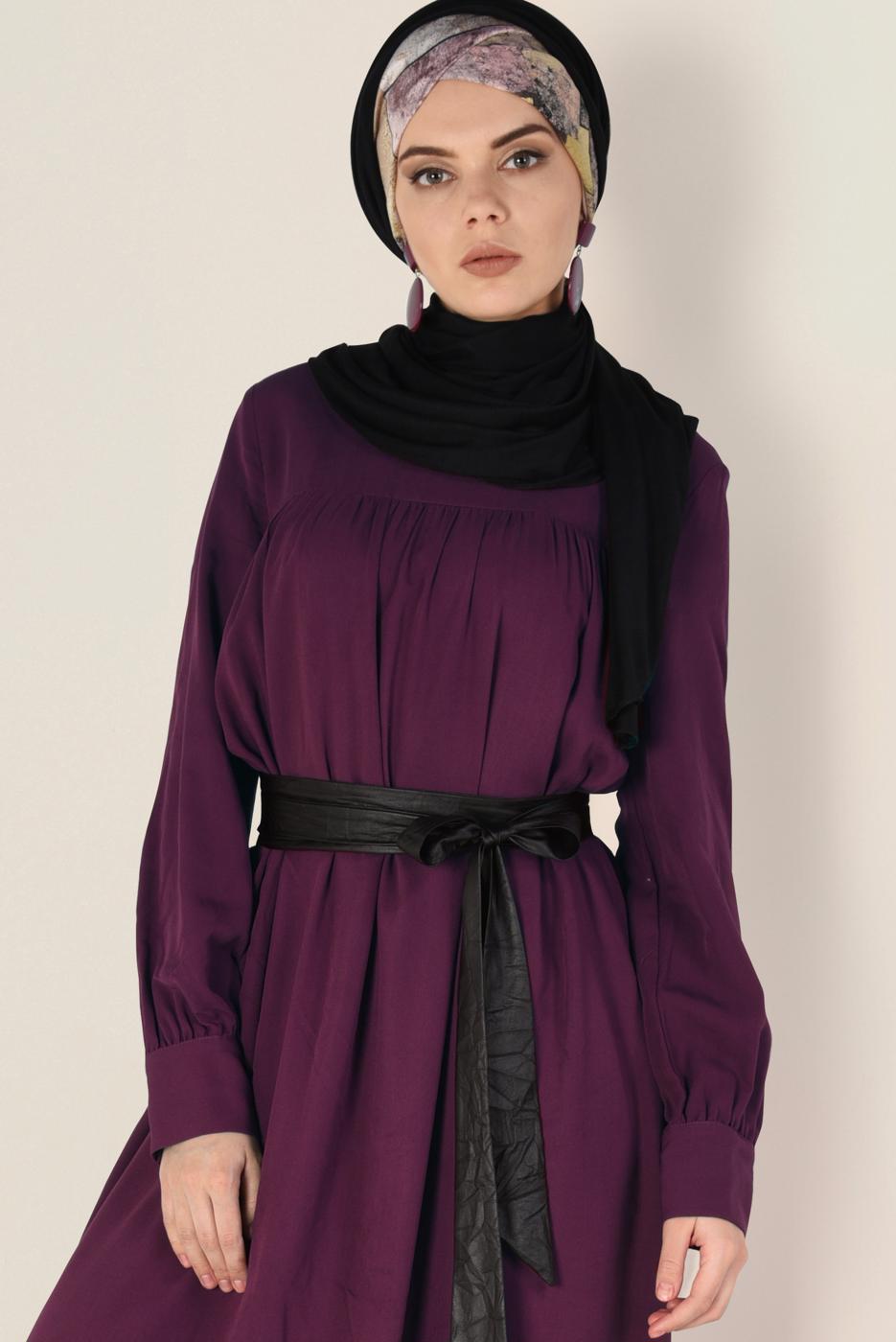 Tesettür giyim MÜRDÜM ALVİNA DERİ KUŞAKLI ELBİSE 4406 