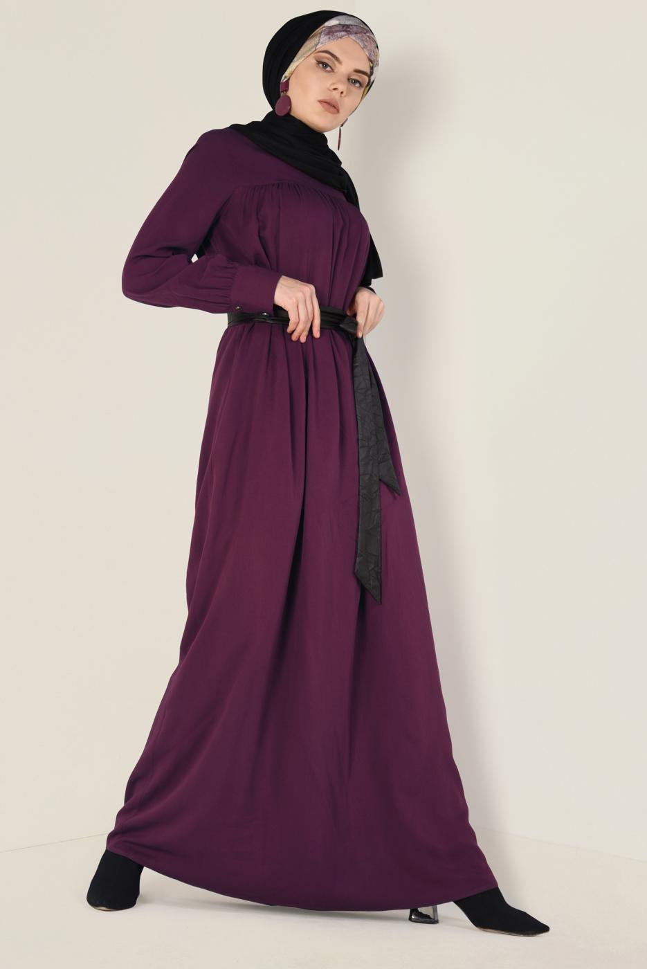 Tesettür giyim MÜRDÜM ALVİNA DERİ KUŞAKLI ELBİSE 4406 