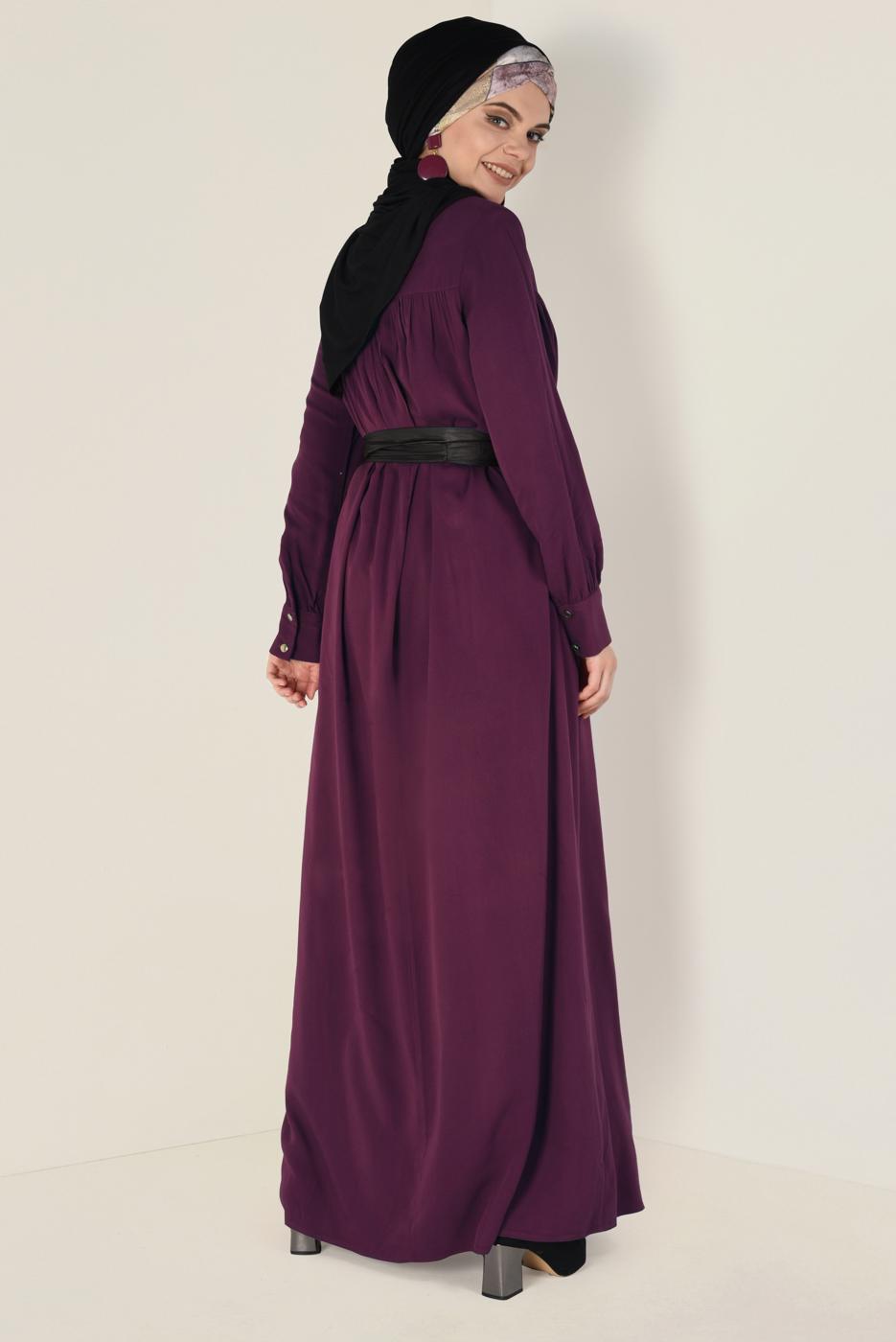 Tesettür giyim MÜRDÜM ALVİNA DERİ KUŞAKLI ELBİSE 4406 