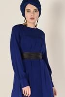 Tesettür giyim LACİVERT ALVİNA DERİ KUŞAKLI ELBİSE 4406 