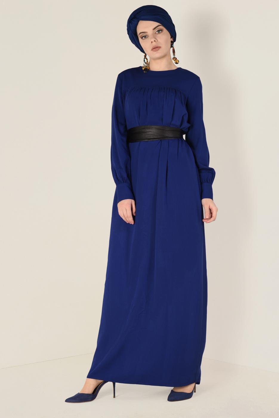 Tesettür giyim LACİVERT ALVİNA DERİ KUŞAKLI ELBİSE 4406 