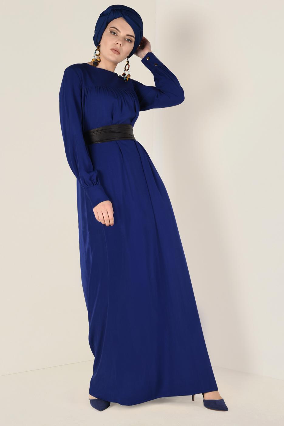 Tesettür giyim LACİVERT ALVİNA DERİ KUŞAKLI ELBİSE 4406 
