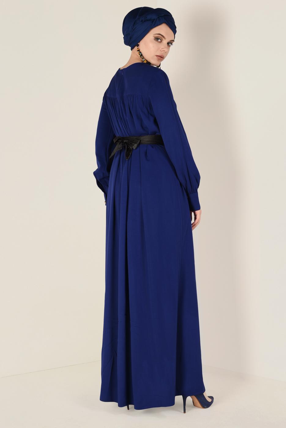 Tesettür giyim LACİVERT ALVİNA DERİ KUŞAKLI ELBİSE 4406 