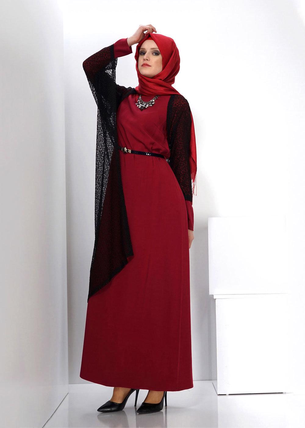 Tesettür giyim KIRMIZI ALVİNA TÜLLÜ İKİLİ ELBİSE 4500 