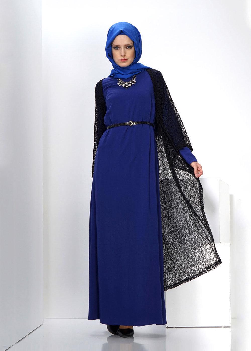 Tesettür giyim LACİVERT ALVİNA TÜLLÜ İKİLİ ELBİSE 4500 