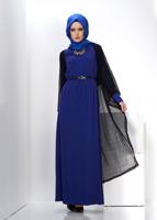 Tesettür giyim LACİVERT ALVİNA TÜLLÜ İKİLİ ELBİSE 4500 