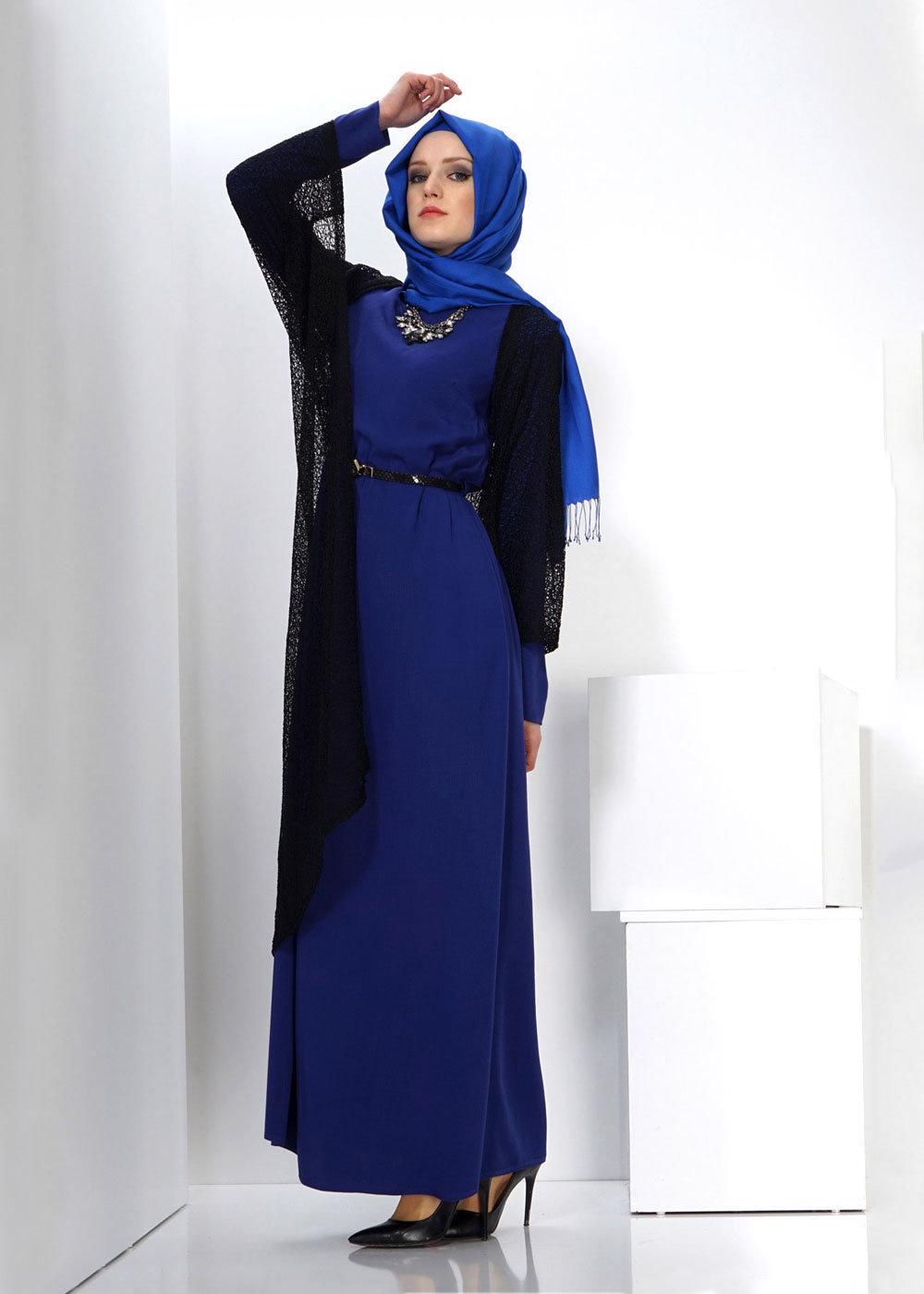 Tesettür giyim LACİVERT ALVİNA TÜLLÜ İKİLİ ELBİSE 4500 