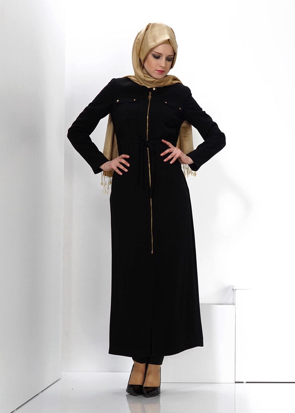 Tesettür giyim SİYAH T 1343  ALVİNA ARMANİ 77 PARDESÜ 38/48 TEK38
