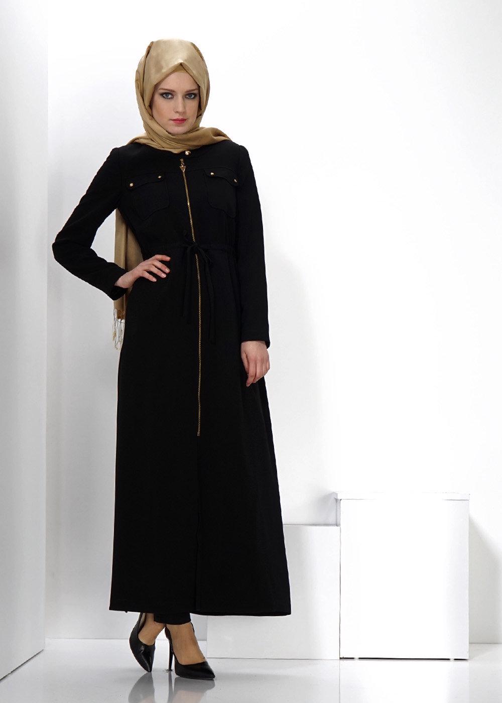 Tesettür giyim SİYAH T 1343  ALVİNA ARMANİ 77 PARDESÜ 38/48 TEK38