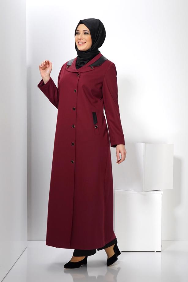Hijab clothing CLARET RED ALVİNA LEATHER DETAIL BUTTONED TOPCOAT 1415  - TRENDTESETTÜR