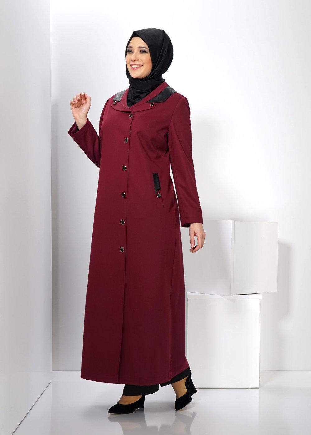 Vêtements hijab ROUGE BORDEAUX ALVİNA DÉTAIL EN CUIR FINITION BOUTONNÉE 1415