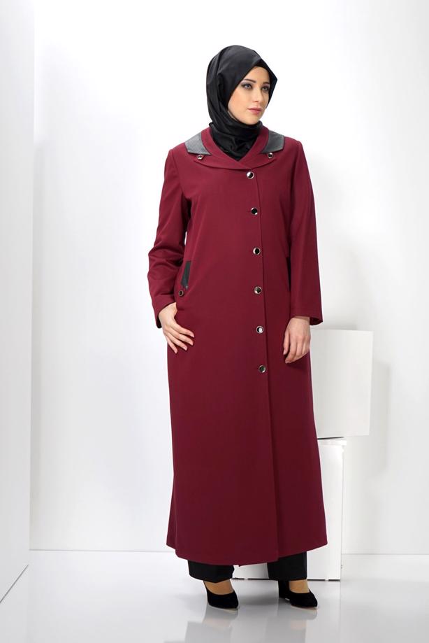 Hijab clothing CLARET RED ALVİNA LEATHER DETAIL BUTTONED TOPCOAT 1415  - TRENDTESETTÜR