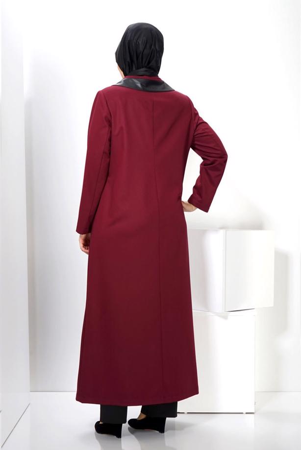 Hijab clothing CLARET RED ALVİNA LEATHER DETAIL BUTTONED TOPCOAT 1415  - TRENDTESETTÜR