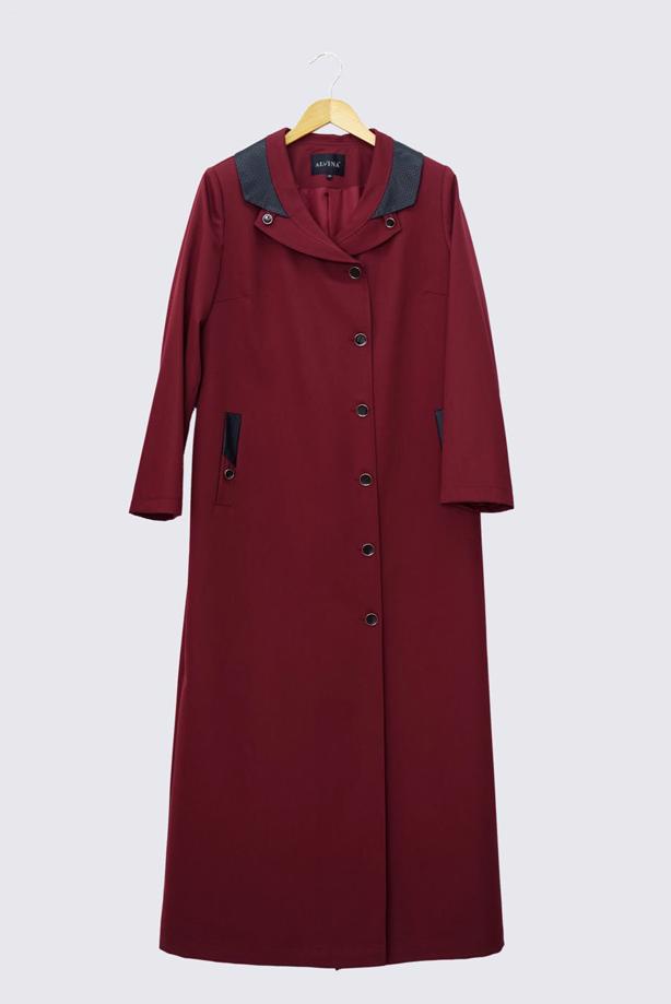 Hijab clothing CLARET RED ALVİNA LEATHER DETAIL BUTTONED TOPCOAT 1415  - TRENDTESETTÜR