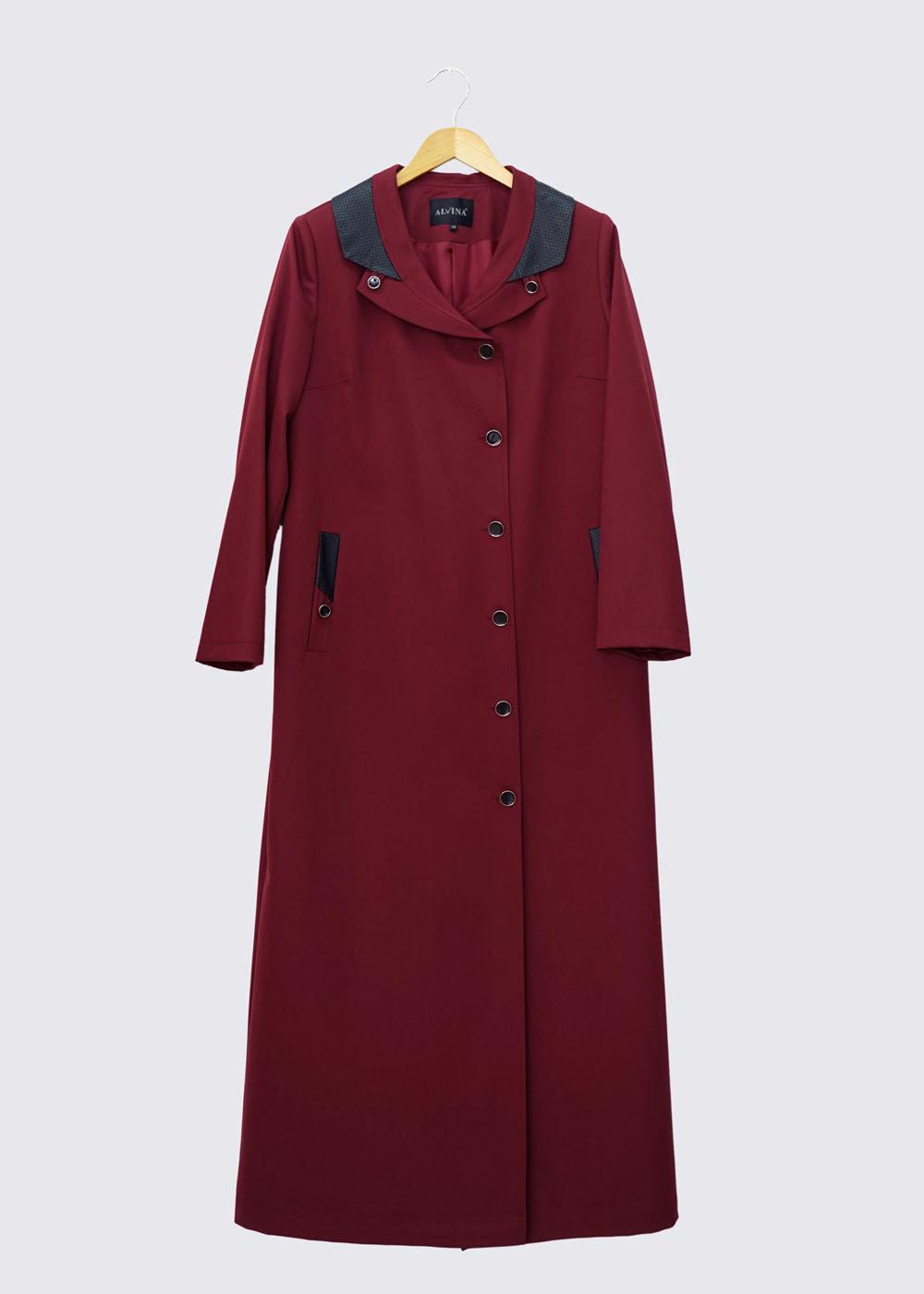 Tesettür giyim BORDO ALVİNA  DERİ DETAYLI DÜĞMELİ PARDESÜ 1415 