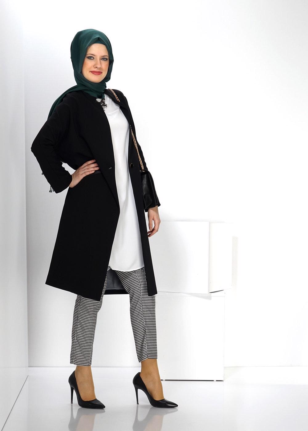 Tesettür giyim SİYAH ALVİNA DÜĞMELİ TRENÇKOT 1404 