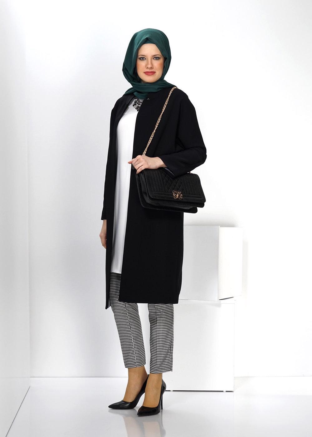 Tesettür giyim SİYAH ALVİNA DÜĞMELİ TRENÇKOT 1404 