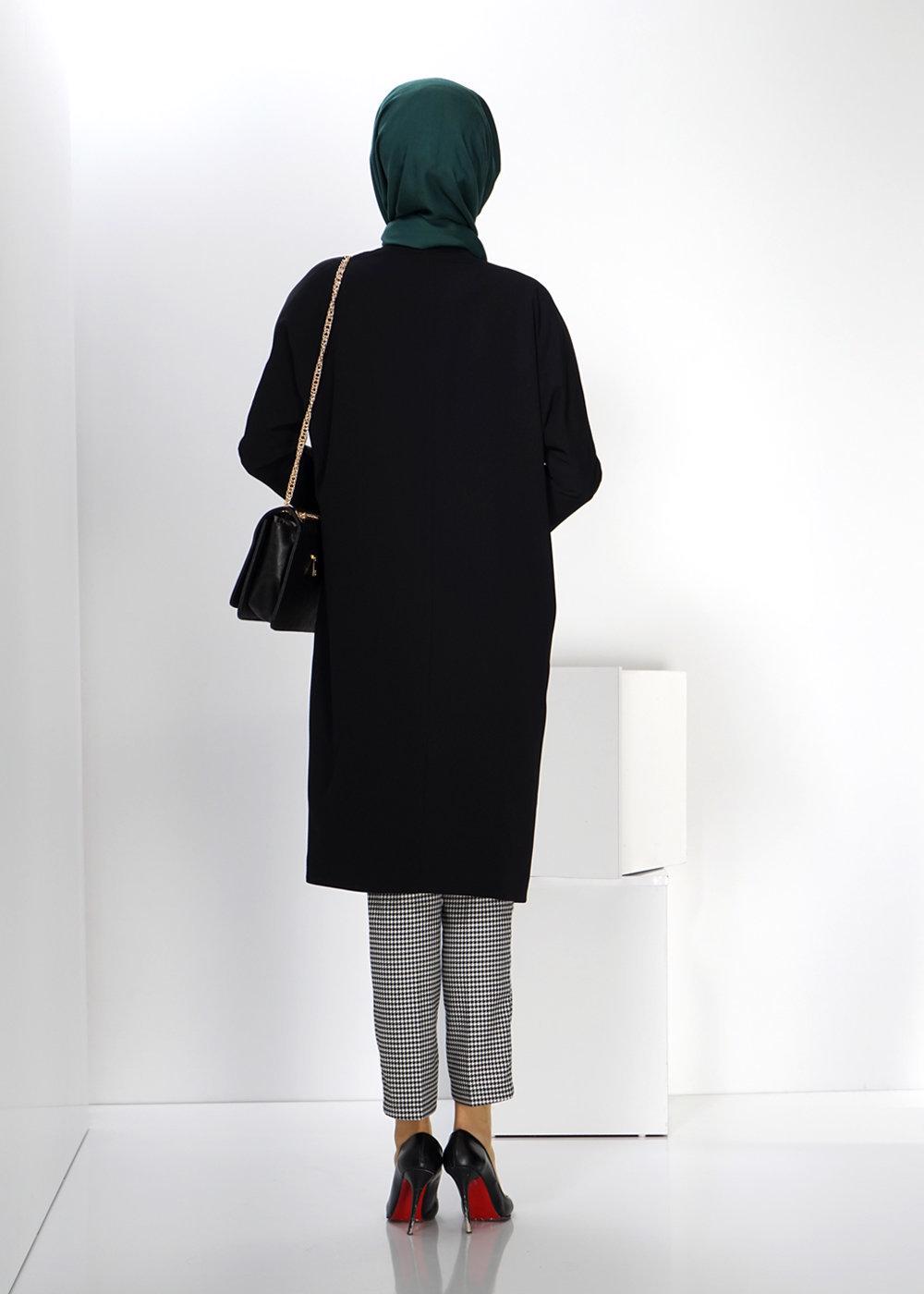 Tesettür giyim SİYAH ALVİNA DÜĞMELİ TRENÇKOT 1404 