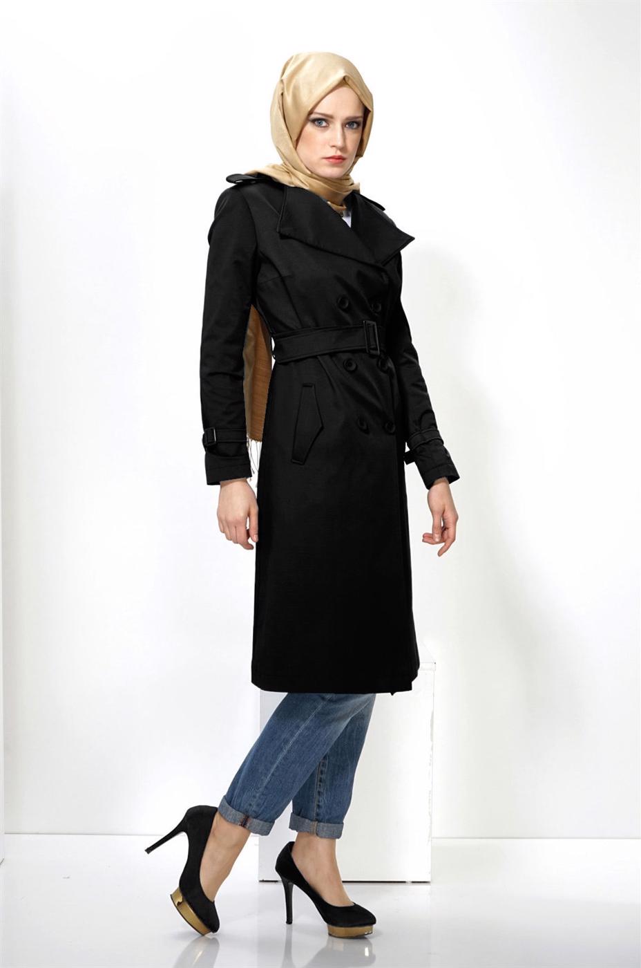 Tesettür giyim SİYAH ALVİNA KRUVAZE YAKA DÜĞMELİ TRENÇKOT 1411 