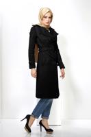 Tesettür giyim SİYAH ALVİNA KRUVAZE YAKA DÜĞMELİ TRENÇKOT 1411 