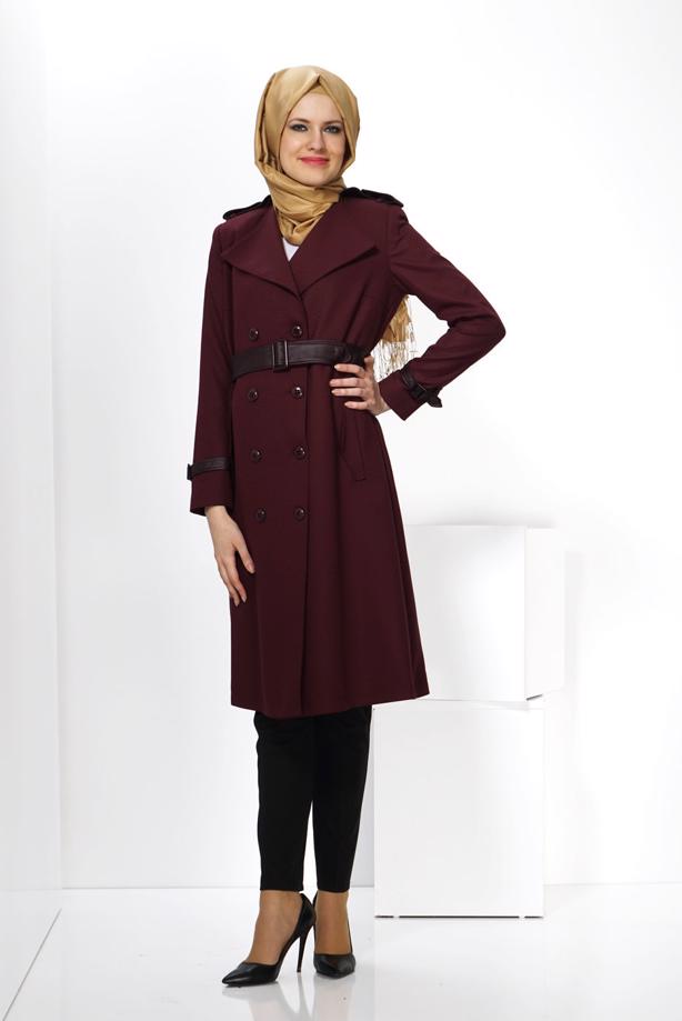 Hijab clothing CLARET RED ALVİNA BELTED BUTTONED TRENCH COAT 1412  - TRENDTESETTÜR