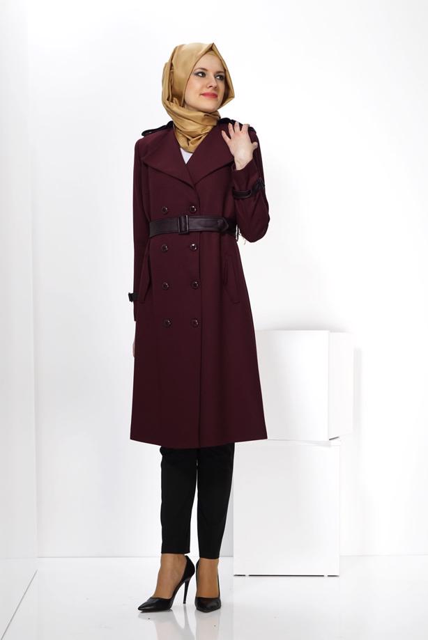 Hijab clothing CLARET RED ALVİNA BELTED BUTTONED TRENCH COAT 1412  - TRENDTESETTÜR